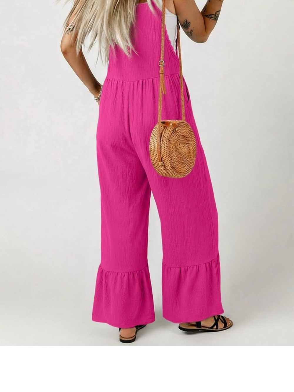 Women's Fuchsia Wide-Leg Ruffle-Hem Jumpsuit